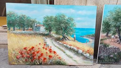 Quadro dipinto olio su tela ulivo, mare, Salento