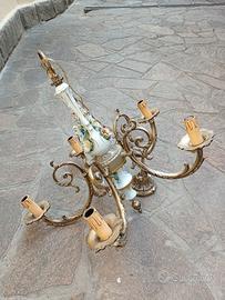 lampadario FBAI in bronzo e porcellana floreale 