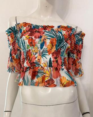PATRIZIA PEPE Crop top arancione verde floreale
