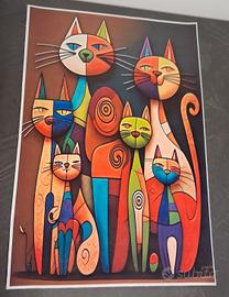Stampa su tela famiglia gatti stilizzati  30x45cm