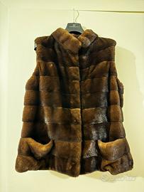Pelliccia in visone marrone smanicata con tasche