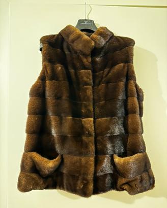 Pelliccia in visone marrone smanicata con tasche