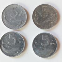 Lotto 4 monete italia 5 lire anni 1954, 1972, 1978