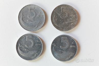 Lotto 4 monete italia 5 lire anni 1954, 1972, 1978