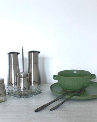 Menage olio, aceto, sale e pepe in vetro e acciaio