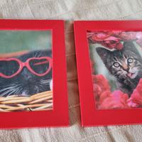 2 Quadretti Gatti Cornici Rosse Ikea 21x16