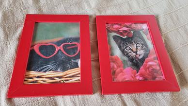 2 Quadretti Gatti Cornici Rosse Ikea 21x16