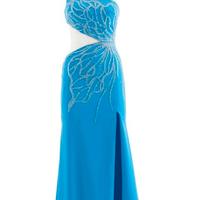 Abito lungo monospalla elegante turchese con spacc