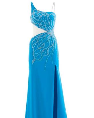 Abito lungo monospalla elegante turchese con spacc