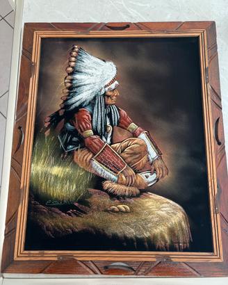 Quadro vintage, indiano su velluto, cornice legno
