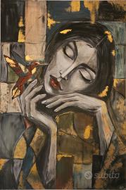 Dipinto moderno donna e colibrì – Acrilico su tela