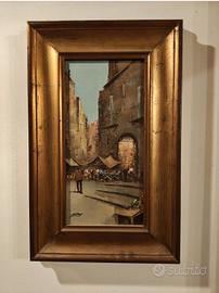 Dipinto Olio su Tavola "Scena di Mercato nel Borgo