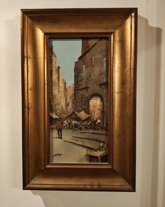 Dipinto Olio su Tavola "Scena di Mercato nel Borgo