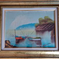 quadro, dipinto olio paesaggio lacustre