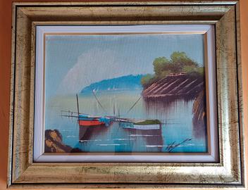 quadro, dipinto olio paesaggio lacustre