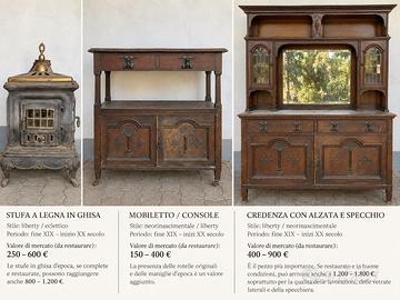 Mobili antichi in legno + stufa in ghisa d’epoca