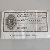 miniassegno 100 lire banca del Salento 