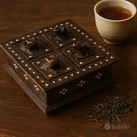 Scatola da tè India intagliata a mano madreperla