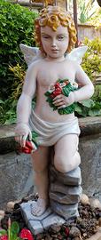 Statua Angelo con rose rosse in resina piena