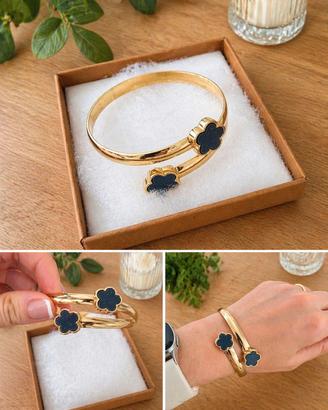 Bracciale rigido oro con quadrifogli neri stile 