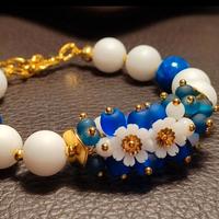 bracciale agata blu,bianca,fiori,acciaio