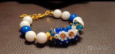 bracciale agata blu,bianca,fiori,acciaio