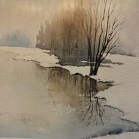 acquerello. paesaggio invernale con riflessi.