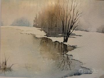 acquerello. paesaggio invernale con riflessi.