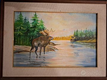 Quadro dipinto a olio su tela – paesaggio con alci