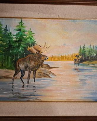 Quadro dipinto a olio su tela – paesaggio con alci