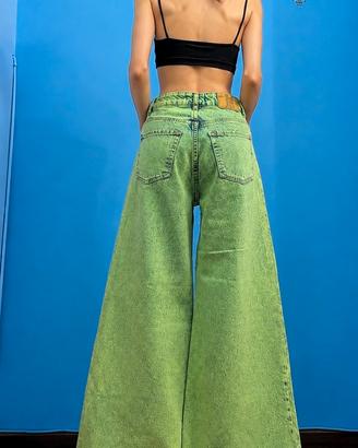jeans donna verde palazzo xs baggy con strass 