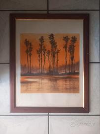 Litografia Robert Roy - Paesaggio con pioppi