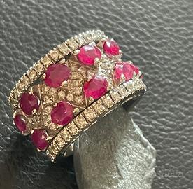 Anello fascia oro bianco brillanti e rubini