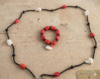 Set Collana e Bracciale in Corallo Rosso, Perle