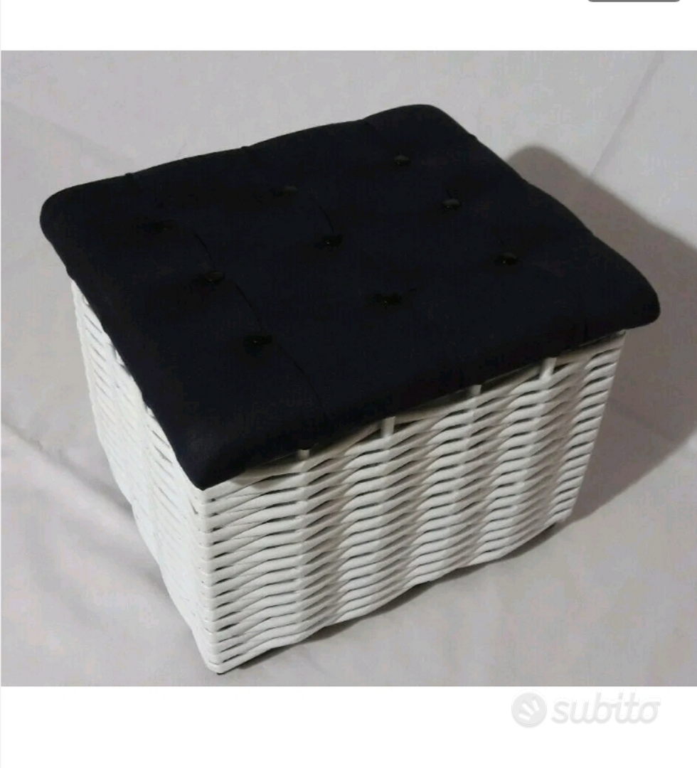 Pouf Contenitore.Finto Vimini Bianco con cuscino Arredamento e