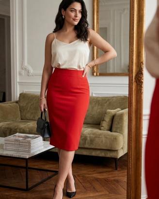 Gonna rossa elegante nuova tubino longuette