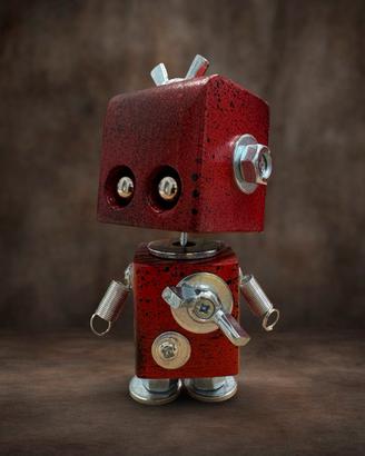 Robot steampunk industriale in legno e metallo