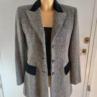 Blazer Tweed Grigio e Nero con Dettagli in Velluto