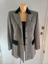 Blazer Tweed Grigio e Nero con Dettagli in Velluto