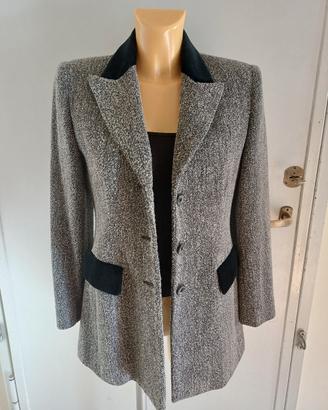 Blazer Tweed Grigio e Nero con Dettagli in Velluto