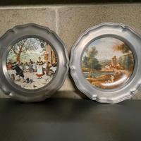 Coppia piatti in ceramica con bordo in peltro '70