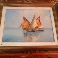 Dipinto olio su tavola barche da pesca