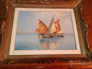 Dipinto olio su tavola barche da pesca