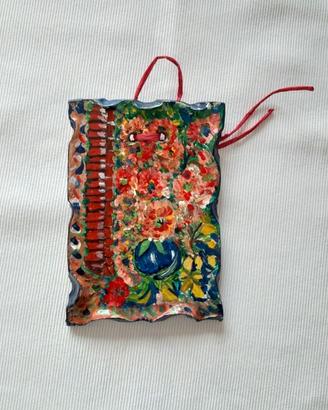 Quadretto dipinto,  floreale su terracotta