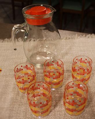 Caraffa in vetro Bormioli + 5 bicchieri vintage