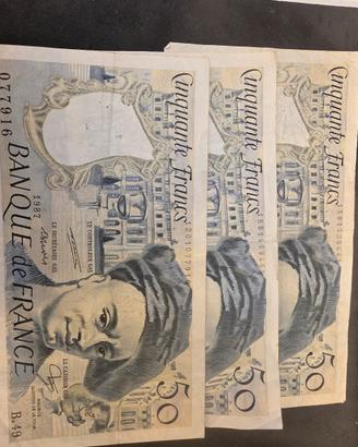 3 banconote da 50 franchi,
