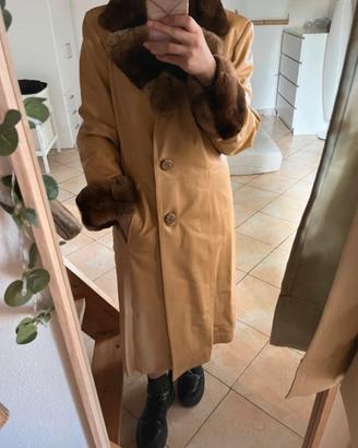 trench vintage in vera pelle e visone