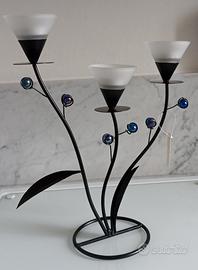 Portacandele moderno, 3 bracci nero, inserti blu
