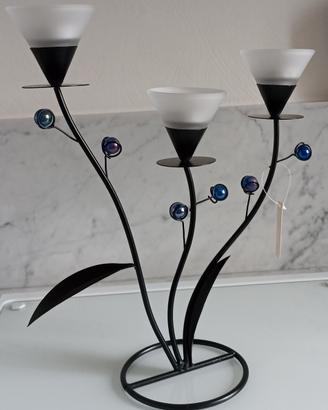 Portacandele moderno, 3 bracci nero, inserti blu