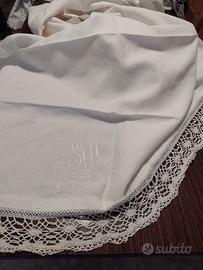 Lenzuolo in lino/cotone anni 20, ricamato a mano